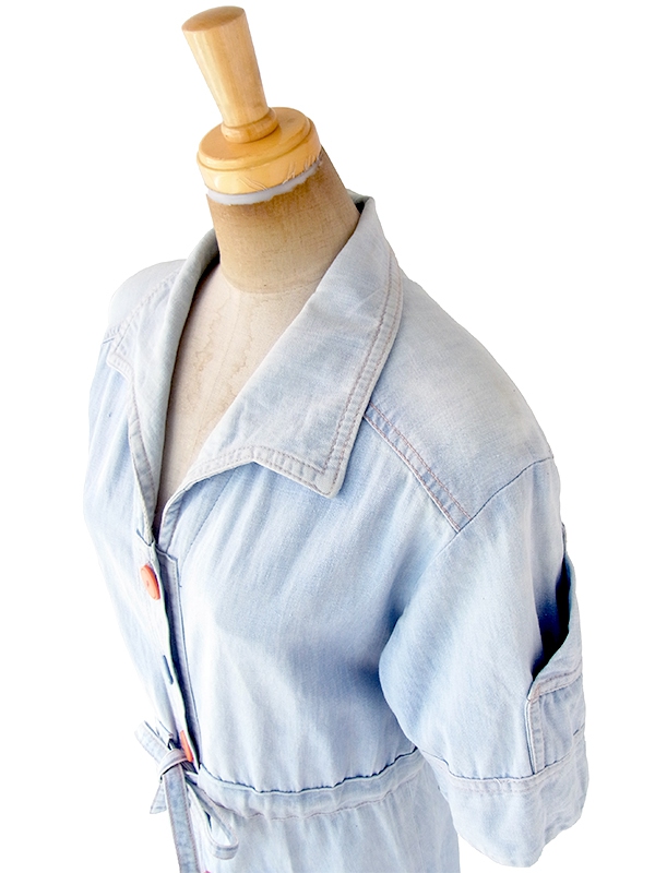 ヨーロッパ古着 フランス買い付け 60年代製 水色  通し紐ベルト ヴィンテージ デニム ワンピース 20FC115