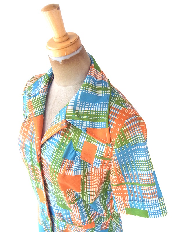 ヨーロッパ古着 フランス買い付け 70年代製 ホワイト X オレンジ・水色・グリーン チェック・スクエア柄 ワンピース 20FC200