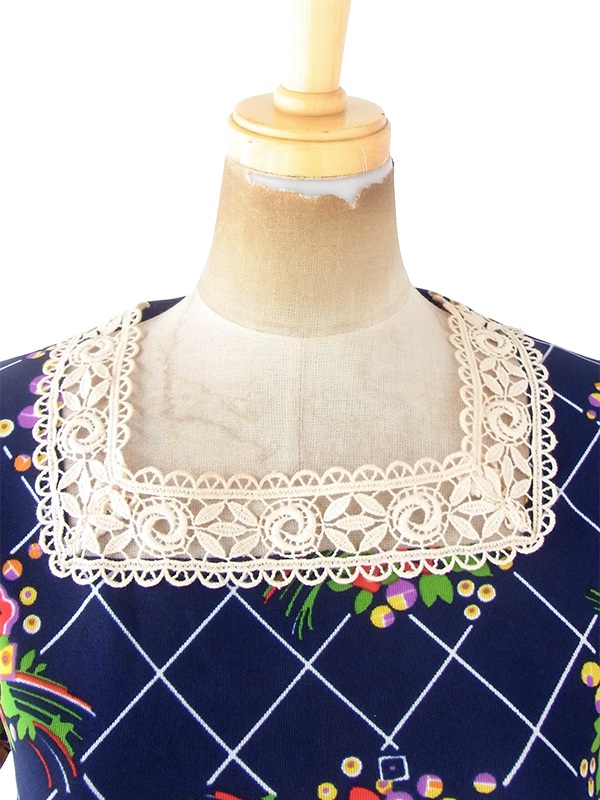 ヨーロッパ古着 フランス買い付け 60年代製 ネイビー X 花柄 カットレース 共布ベルト付き パフスリーブ ワンピース 20FC207