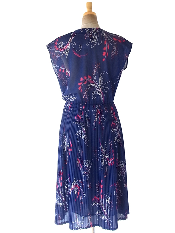 ヨーロッパ古着 フランス買い付け 70年代製 ネイビー X ホワイト・レッド レトロ柄 プリーツ ワンピース 20FC213