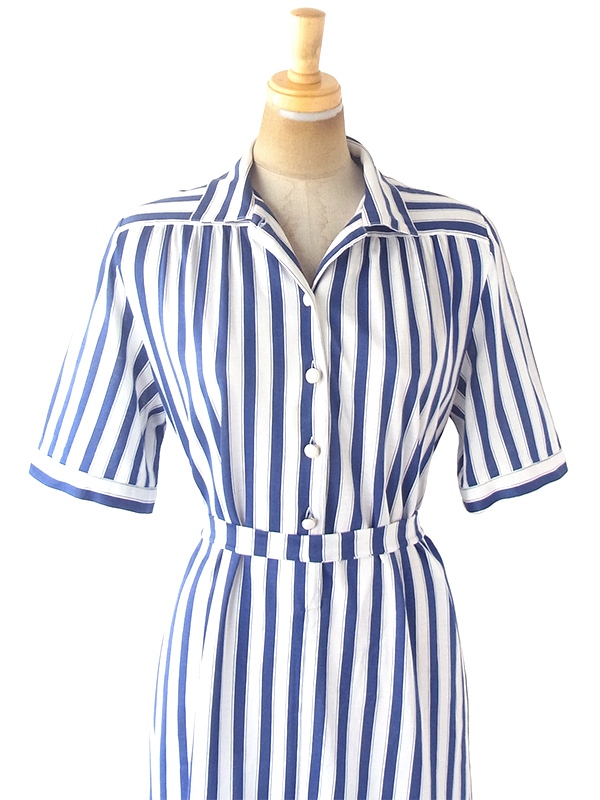 ヨーロッパ古着 60年代フランス製 ブルー X ホワイト ストライプ 共布ベルト付き ヴィンテージ ワンピース 20FC216