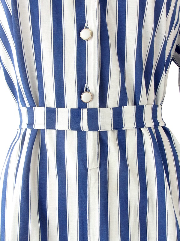 ヨーロッパ古着 60年代フランス製 ブルー X ホワイト ストライプ 共布ベルト付き ヴィンテージ ワンピース 20FC216