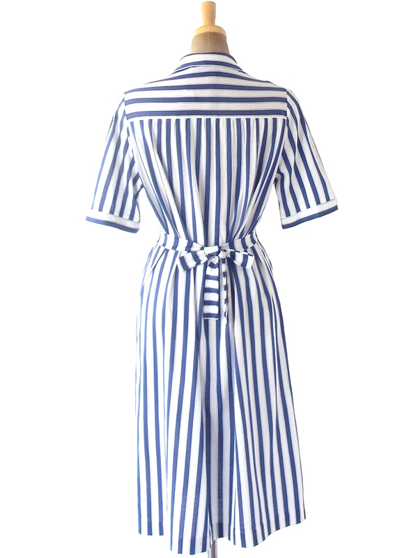 ヨーロッパ古着 60年代フランス製 ブルー X ホワイト ストライプ 共布ベルト付き ヴィンテージ ワンピース 20FC216
