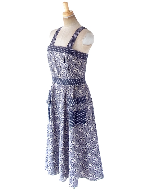 ヨーロッパ古着 フランス買い付け 60年代製 ネイビー X ホワイト 花柄・水玉 ヴィンテージ ストラップ ワンピース 20FC224