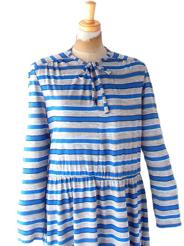 【送料無料】フランス買い付け 60年代製 グレイ X ブルー・イエロー ボーダー ヴィンテージ ワンピース 20FC302【ヨーロッパ古着】