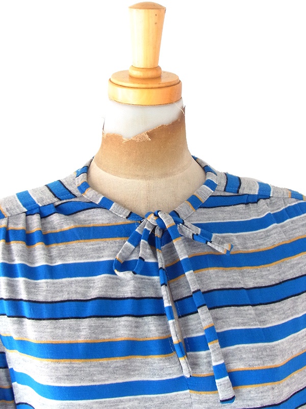 【送料無料】フランス買い付け 60年代製 グレイ X ブルー・イエロー ボーダー ヴィンテージ ワンピース 20FC302【ヨーロッパ古着】