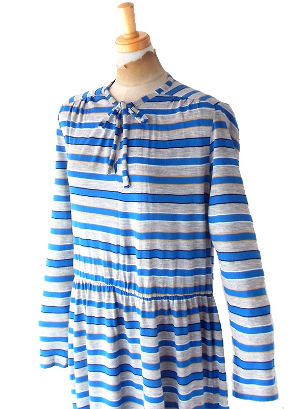 【送料無料】フランス買い付け 60年代製 グレイ X ブルー・イエロー ボーダー ヴィンテージ ワンピース 20FC302【ヨーロッパ古着】