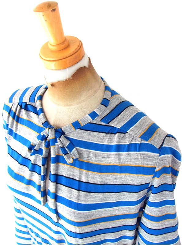 【送料無料】フランス買い付け 60年代製 グレイ X ブルー・イエロー ボーダー ヴィンテージ ワンピース 20FC302【ヨーロッパ古着】