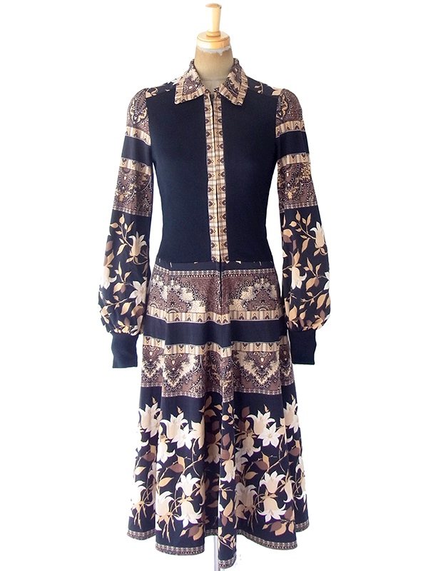 ヨーロッパ古着 フランス買い付け 70年代製 ブラウン・ベージュ花柄  X ブラック クレープ生地切り返し ワンピース 20FC310