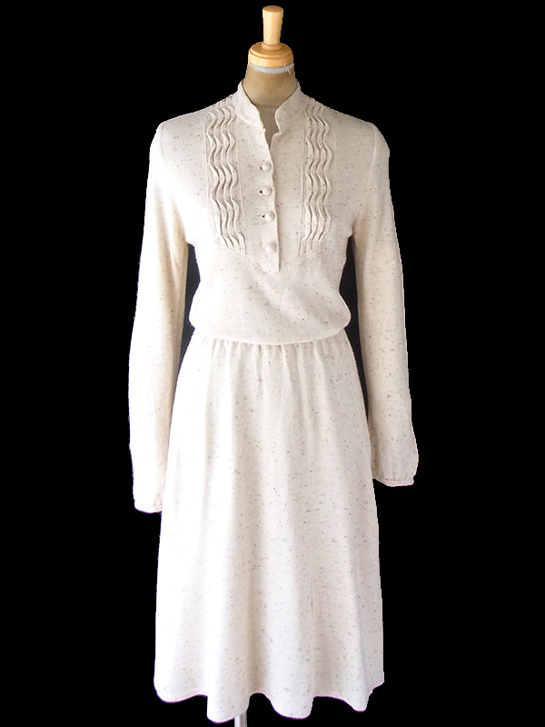 ヨーロッパ古着 フランス買い付け 70年代製 アイボリー X カラフル糸織り込み 共布ベルト付き ワンピース 20FC312