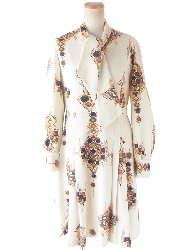 ヨーロッパ古着 60年代フランス製 アイボリー X レトロ柄 ボウタイ ヴィンテージ ウール ワンピース 20FC321