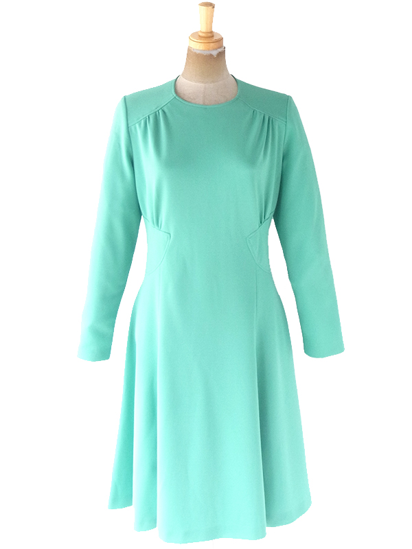 ヨーロッパ古着 70年代フランス製 ミントグリーン X ウェスト固定共布ベルト フレア ワンピース 20FC322