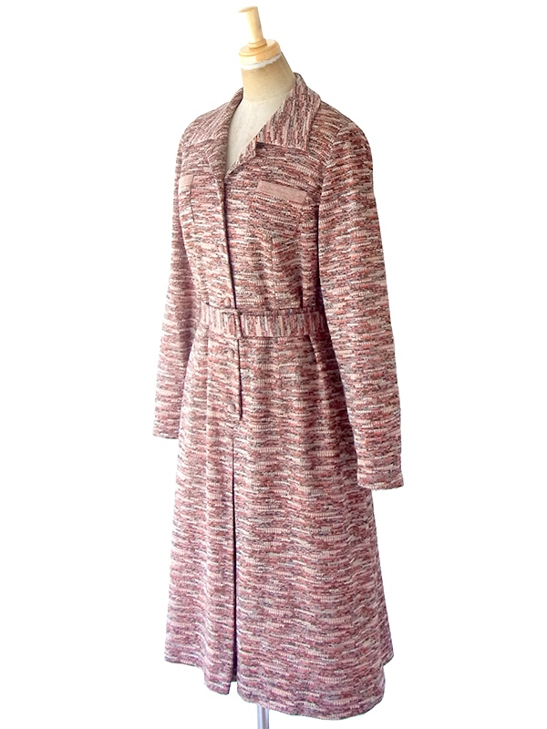 ヨーロッパ古着 60年代フランス製 オレンジ X ブラウン ジャガード織り 共布ベルト付き ヴィンテージ ワンピース 20FC334