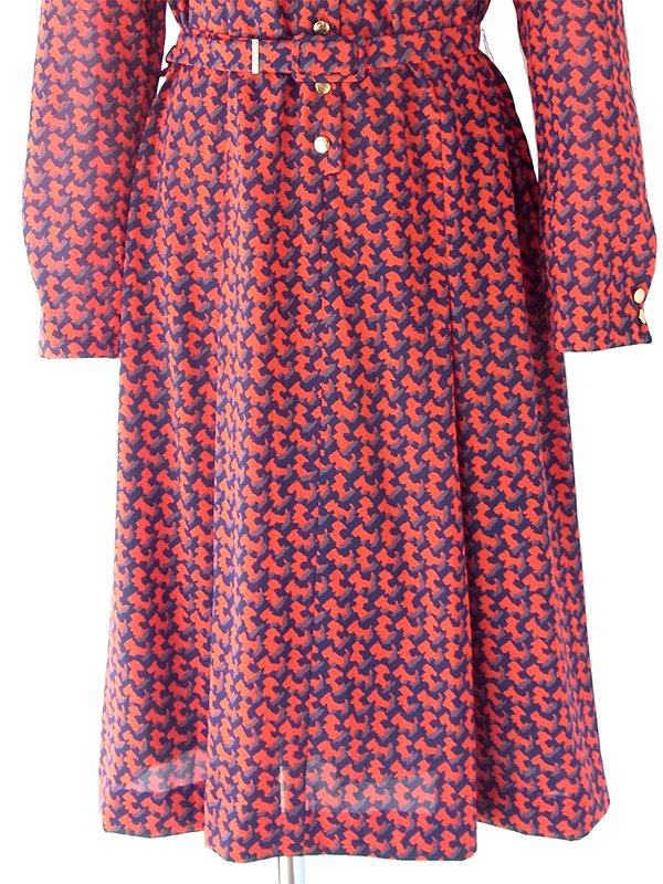 ヨーロッパ古着 フランス買い付け 70年代製 レッド・ネイビー・グレイ レトロ柄 共布ベルト付き ヴィンテージ ワンピース 20FC332