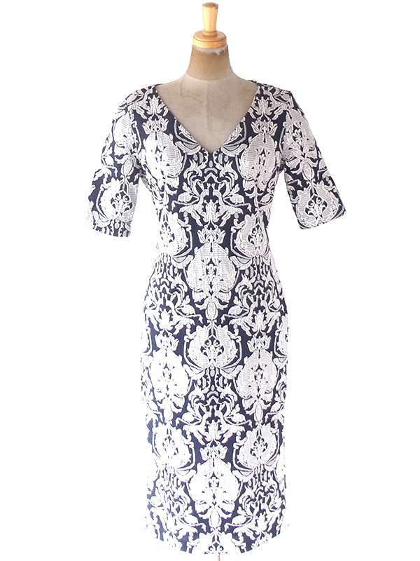 ヨーロッパ古着 フランス買い付け ネイビー X ホワイト オーナメント柄刺繍 ヴィンテージ ドレス 20FC333