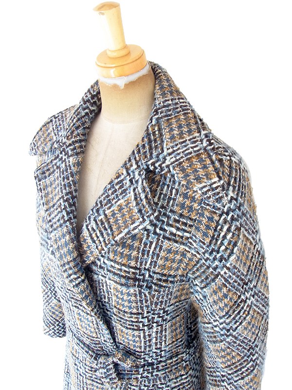 ヨーロッパ古着 フランス買い付け 60年代製 ブルー X ブラウン チェック柄 厚手ウール ツイード コート 20FC403