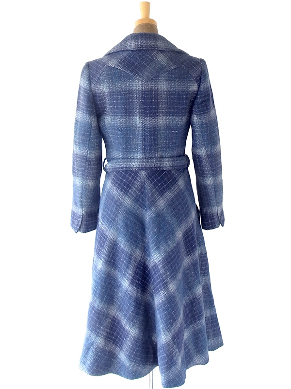 ヨーロッパ古着 フランス製 ブルー X アーガイル 共布ベルト付き ツイード コート 20FC403