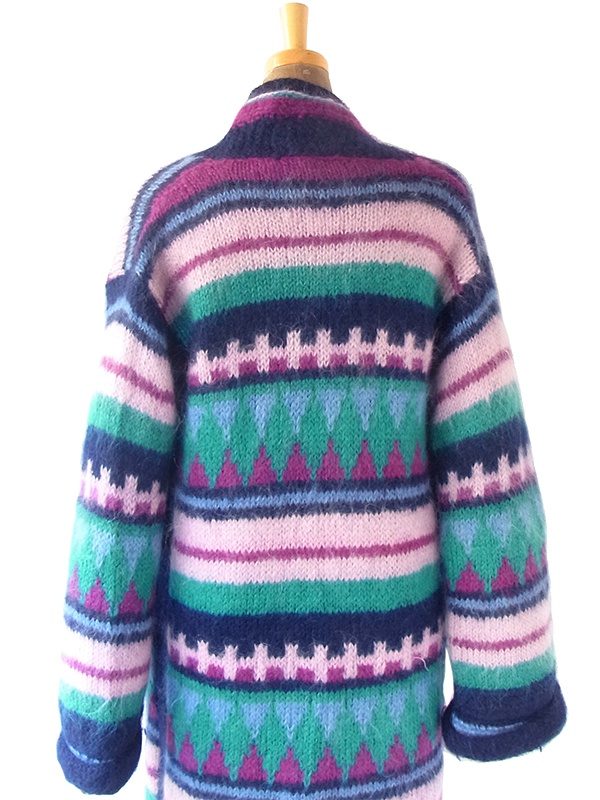 ヨーロッパ古着 フランス買い付け ネイビー X ピンク・パープル・グリーン レトロ柄 モヘア ニット コート 20FC501