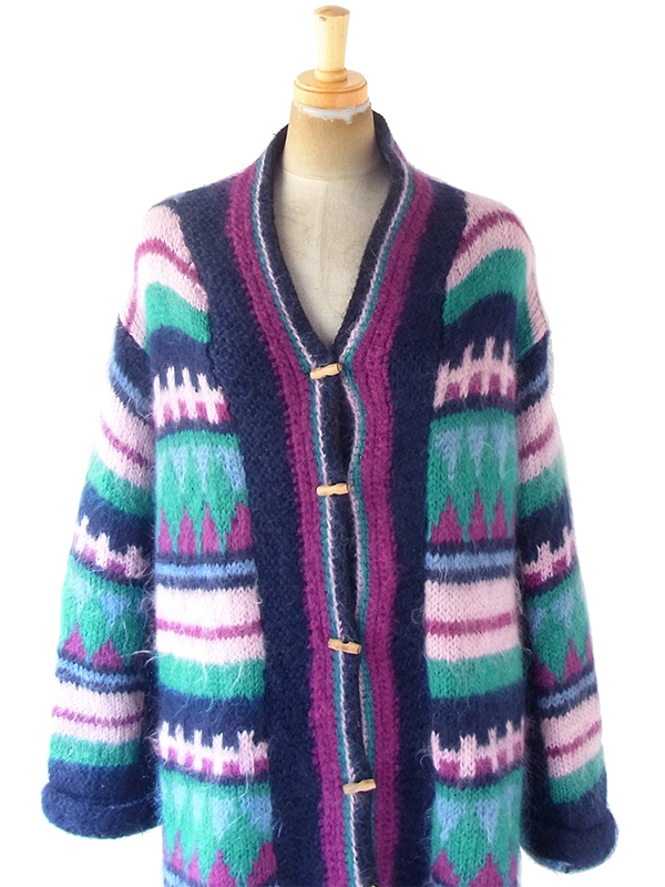 ヨーロッパ古着 フランス買い付け ネイビー X ピンク・パープル・グリーン レトロ柄 モヘア ニット コート 20FC501