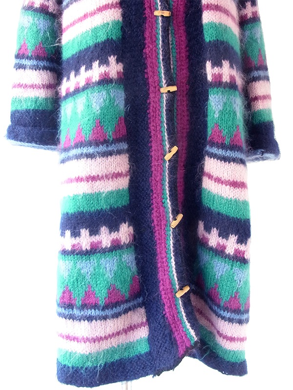 ヨーロッパ古着 フランス買い付け ネイビー X ピンク・パープル・グリーン レトロ柄 モヘア ニット コート 20FC501