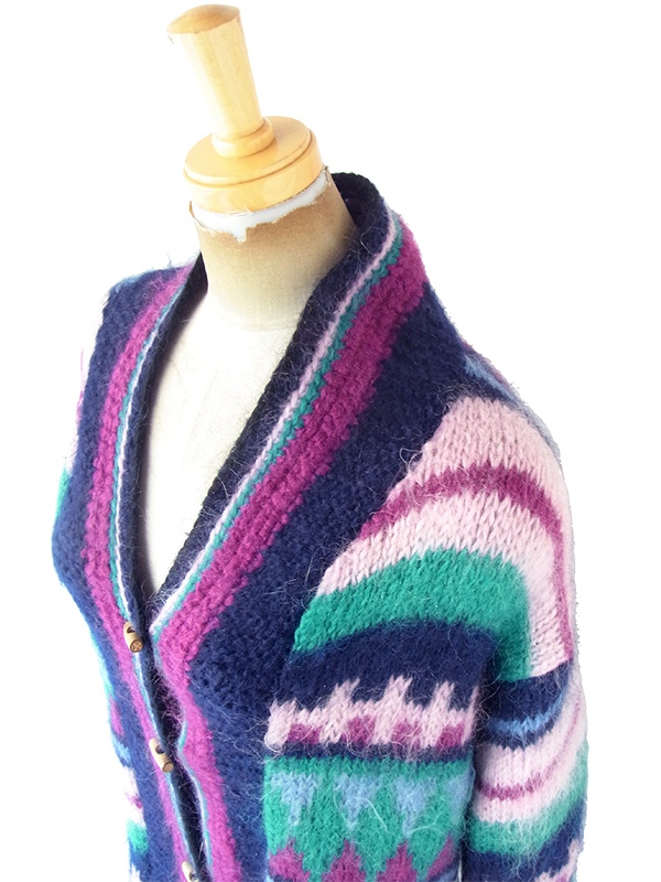ヨーロッパ古着 フランス買い付け ネイビー X ピンク・パープル・グリーン レトロ柄 モヘア ニット コート 20FC501