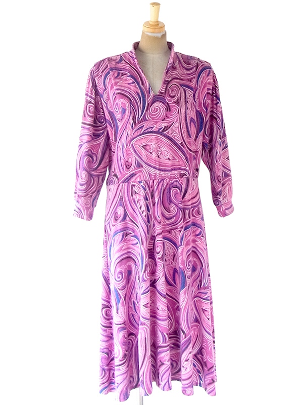 ヨーロッパ古着 70年代フランス製 ピンク X パープル・ブルー レトロサイケ柄 ヴィンテージ ワンピース 20FC604