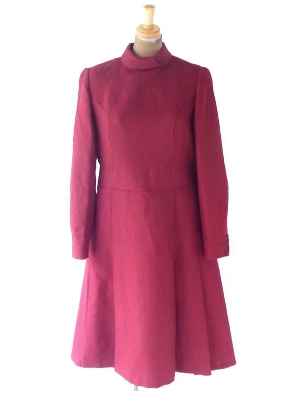 ヨーロッパ古着 フランス買い付け 60年代製 バーガンディー X ファネルネック ヴィンテージ ウール ワンピース 20FC606