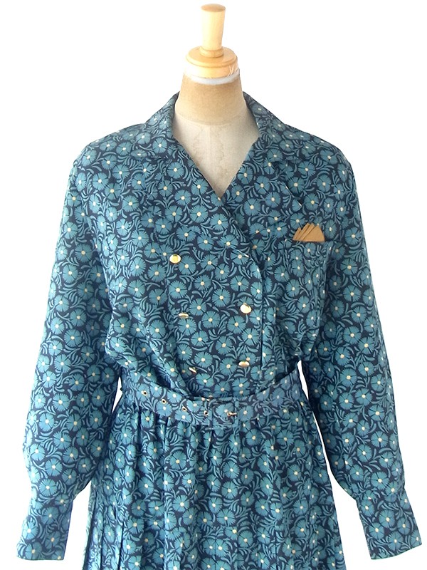 ヨーロッパ古着 フランス買い付け 70年代製 ターコイズブルー X ブラック ポケットチーフ・共布ベルト付き ワンピース 20FC614