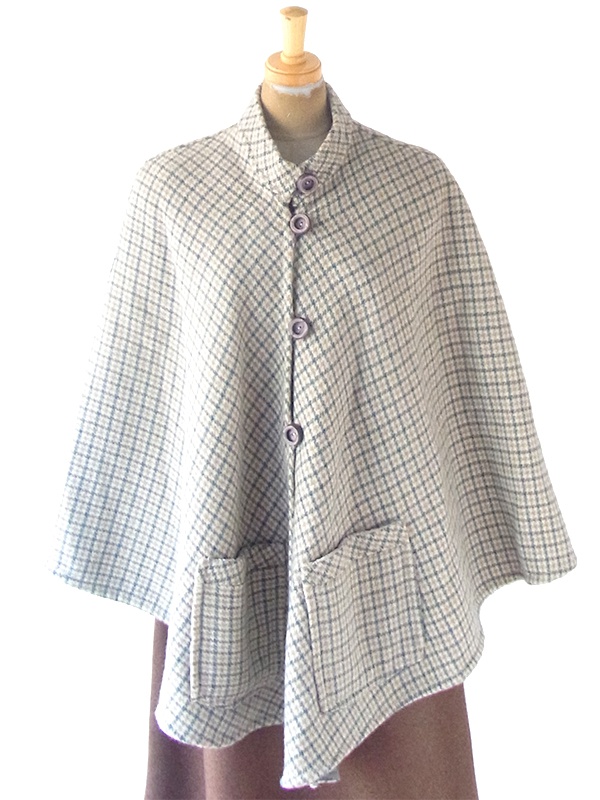 ヨーロッパ古着 フランス買い付け 60年代製 グリーン X ベージュ チェック柄 ポケット付き ウール ポンチョ 20FC619