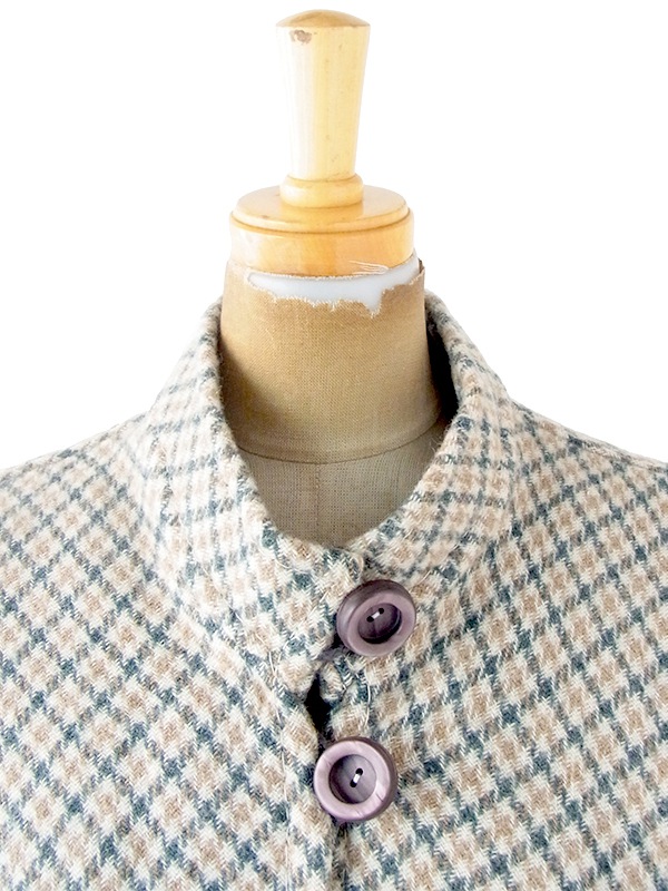 ヨーロッパ古着 フランス買い付け 60年代製 グリーン X ベージュ チェック柄 ポケット付き ウール ポンチョ 20FC620