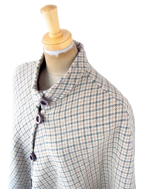 ヨーロッパ古着 フランス買い付け 60年代製 グリーン X ベージュ チェック柄 ポケット付き ウール ポンチョ 20FC624