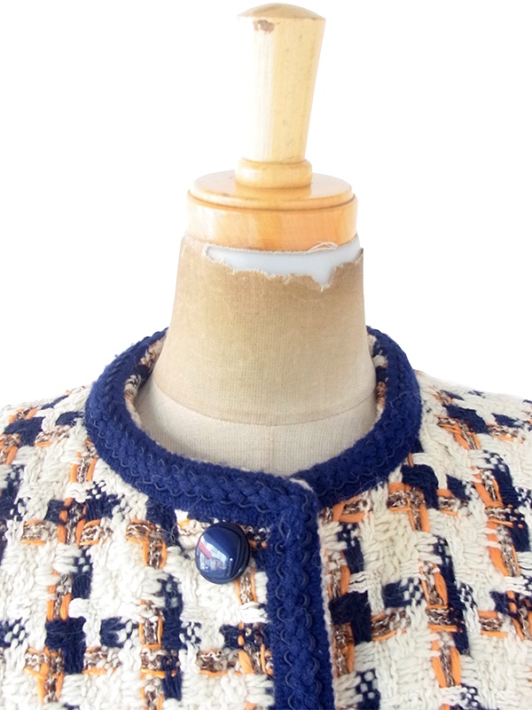 送料無料】フランス買い付け 60年代製 アイボリー X ブルー・オレンジ