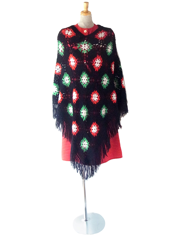 フランス買い付け 60年代製 ブラック X レッド・グリーン アーガイル柄 フリンジ付き ショール 20FC722