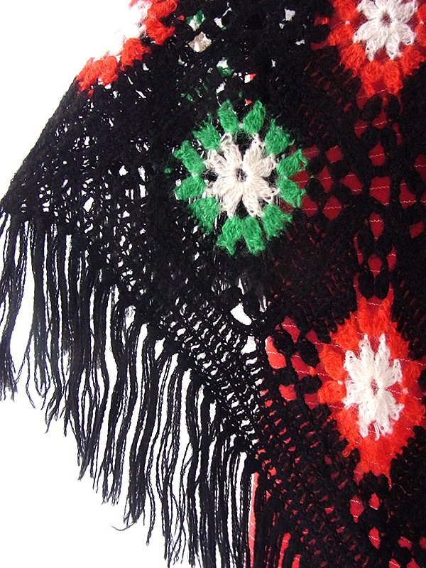 フランス買い付け 60年代製 ブラック X レッド・グリーン アーガイル柄 フリンジ付き ショール 20FC722