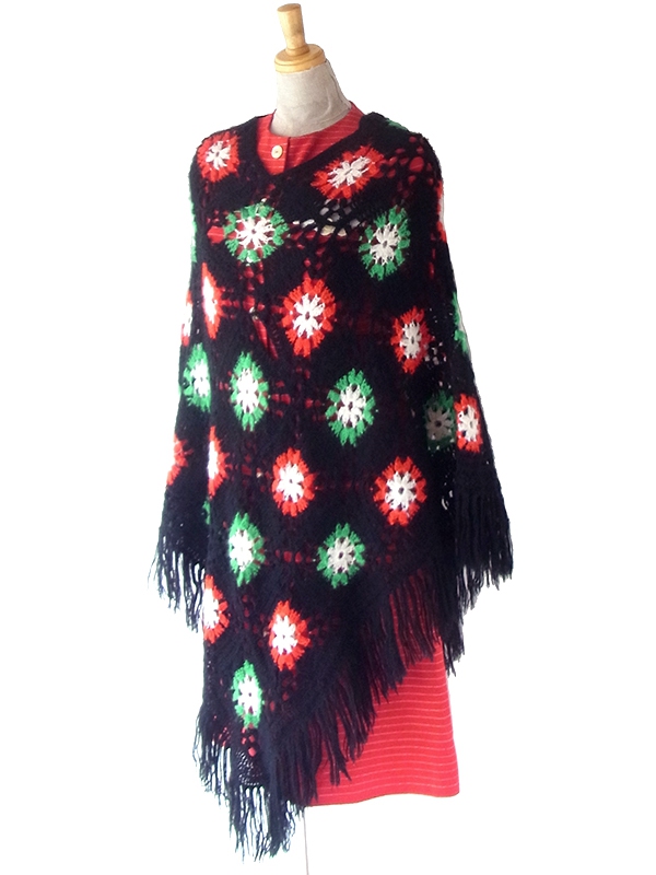フランス買い付け 60年代製 ブラック X レッド・グリーン アーガイル柄 フリンジ付き ショール 20FC722
