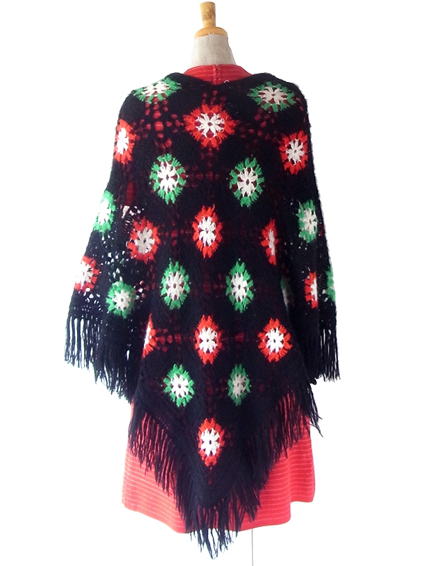 フランス買い付け 60年代製 ブラック X レッド・グリーン アーガイル柄 フリンジ付き ショール 20FC722
