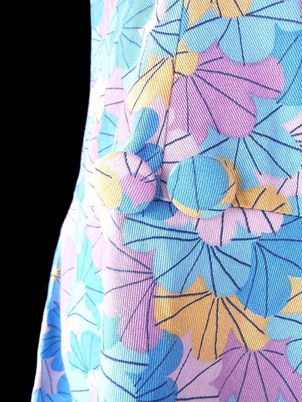 ヨーロッパ古着 ロンドン買い付け 60年代製 水色 X ピンク・パープル・イエロー 花柄プリント フレア ワンピース 20OM200