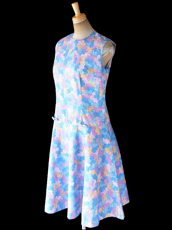 ヨーロッパ古着 ロンドン買い付け 60年代製 水色 X ピンク・パープル・イエロー 花柄プリント フレア ワンピース 20OM200