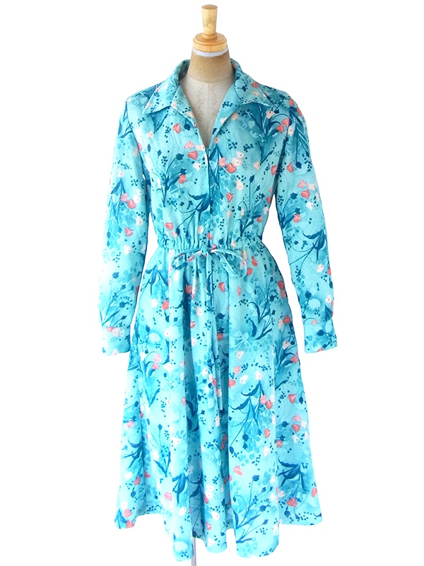 ヨーロッパ古着 ロンドン買い付け 70年代製 水色 X ブルー・オレンジ 花柄 フロントジップ  レトロ ワンピース 20OM400