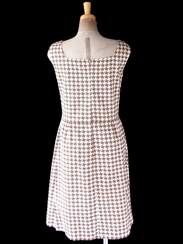 ヨーロッパ古着 ロンドン買い付け 70年代製 アイボリー X ブラウン 千鳥格子 レース ポケット付き ワンピース 21BS203