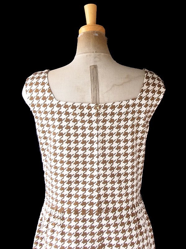 ヨーロッパ古着 ロンドン買い付け 70年代製 アイボリー X ブラウン 千鳥格子 レース ポケット付き ワンピース 21BS203