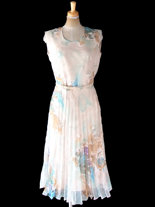 ロンドン買い付け 70年代製 淡いピンク X 花柄 共布ベルト付き シフォン地 プリーツ ワンピース 21OM604