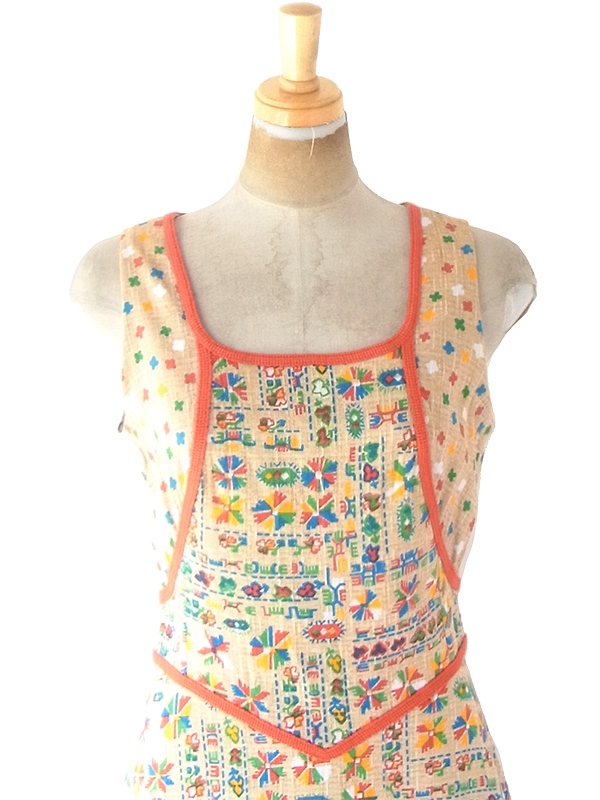 ヨーロッパ古着 フランス買い付け 60年代製 ベージュ X カラフル レトロ柄 オレンジ テープ ワンピース 21FC106