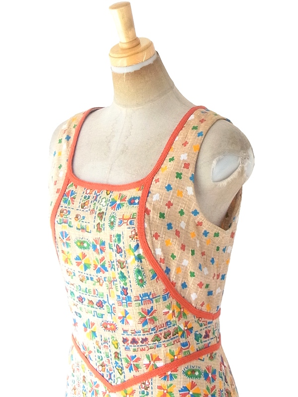 ヨーロッパ古着 フランス買い付け 60年代製 ベージュ X カラフル レトロ柄 オレンジ テープ ワンピース 21FC111