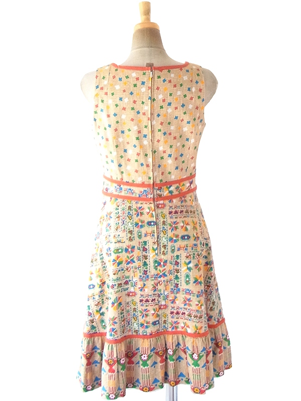 ヨーロッパ古着 フランス買い付け 60年代製 ベージュ X カラフル レトロ柄 オレンジ テープ ワンピース 21FC113