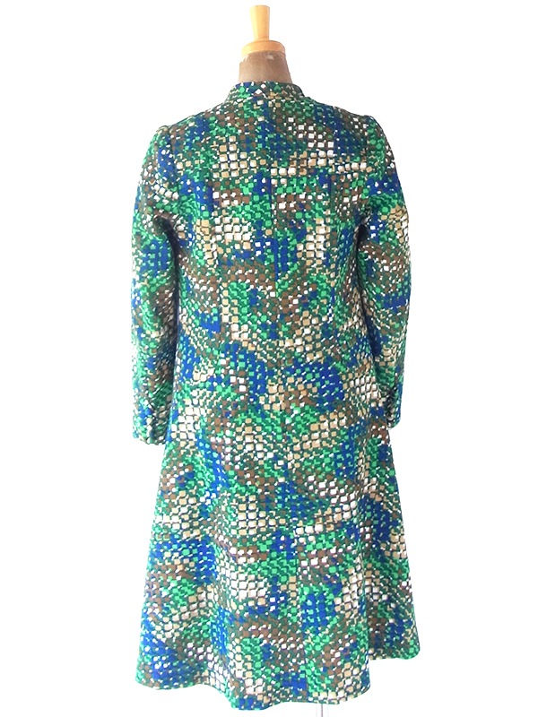 フランス買い付け 70年代製 グリーン X ブルー X ベージュ レトロ柄 ダブル襟 ワンピース 21FC206【ヨーロッパ古着】