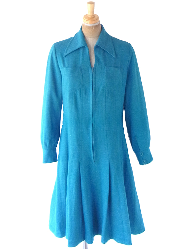 【送料無料】フランス買い付け 60年代製 ターコイズブルー X フロントジップ プリーツ ワンピース 21FC221【ヨーロッパ古着】