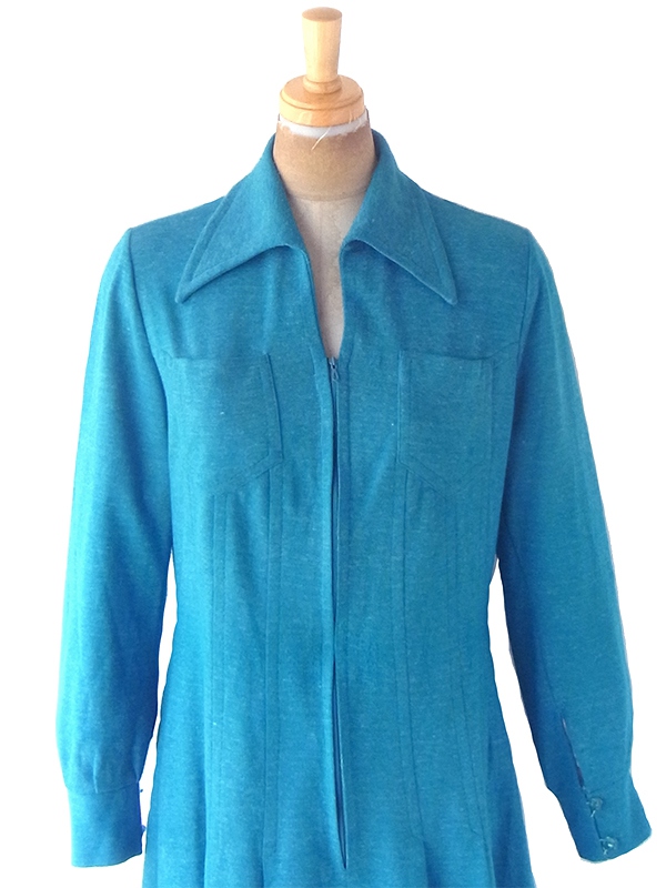 【送料無料】フランス買い付け 60年代製 ターコイズブルー X フロントジップ プリーツ ワンピース 21FC221【ヨーロッパ古着】