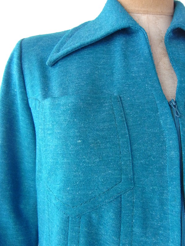 【送料無料】フランス買い付け 60年代製 ターコイズブルー X フロントジップ プリーツ ワンピース 21FC221【ヨーロッパ古着】