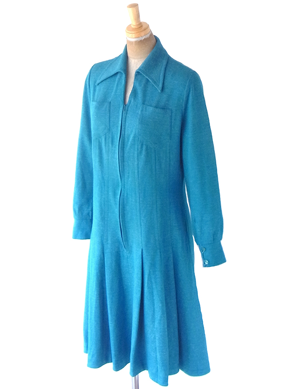 【送料無料】フランス買い付け 60年代製 ターコイズブルー X フロントジップ プリーツ ワンピース 21FC221【ヨーロッパ古着】